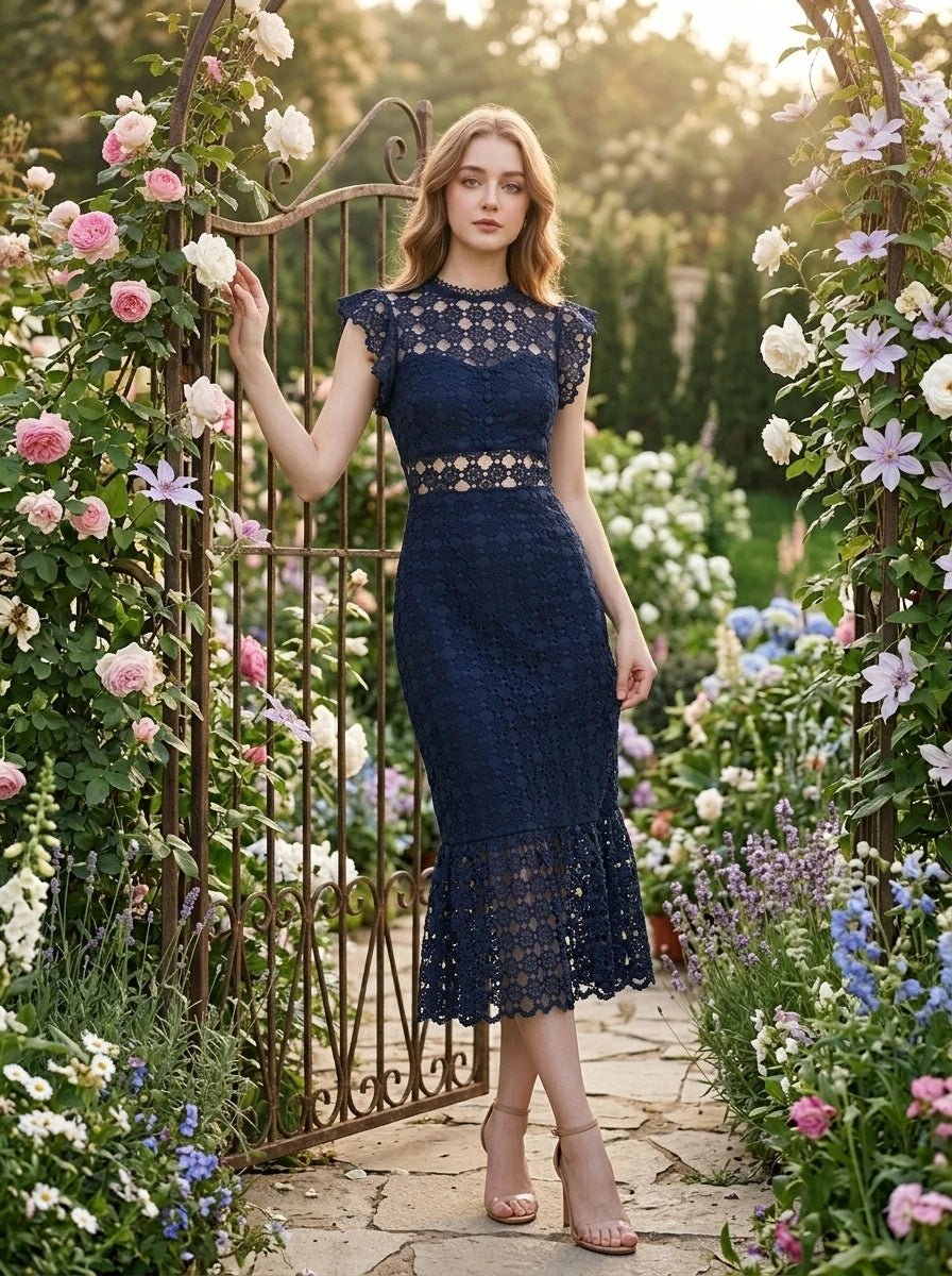 Woman in a navy blue lace midi dress with a high neckline and ruffled cap sleeves, posing by a garden gate with roses.