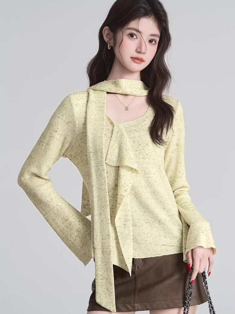 Neck Scarf Textured Knit Long Sleeve Top Yellow - WEUXS