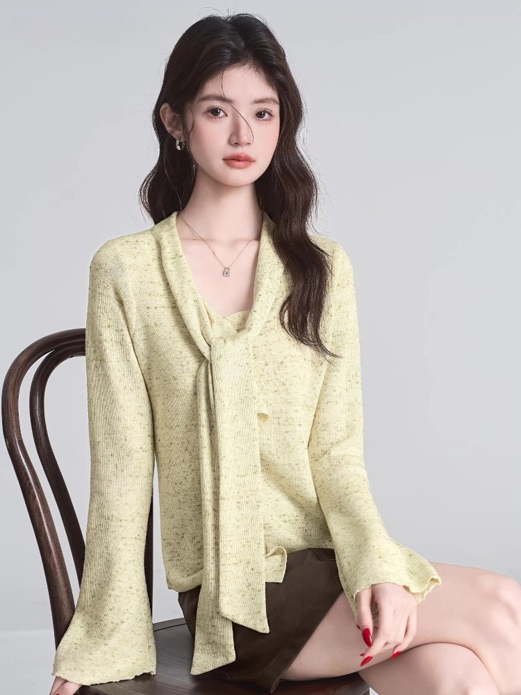 Neck Scarf Textured Knit Long Sleeve Top Yellow - WEUXS