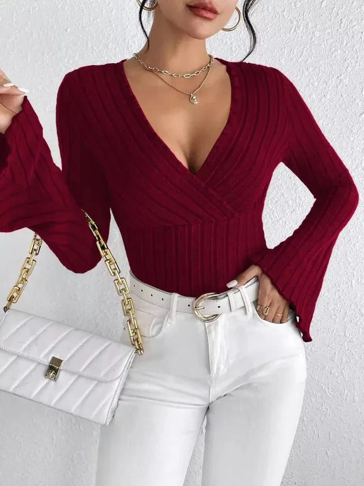 Ribbed Knit V-Neck Top - View 8 | WEUXS