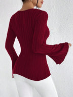 Ribbed Knit V-Neck Top - View 6 | WEUXS