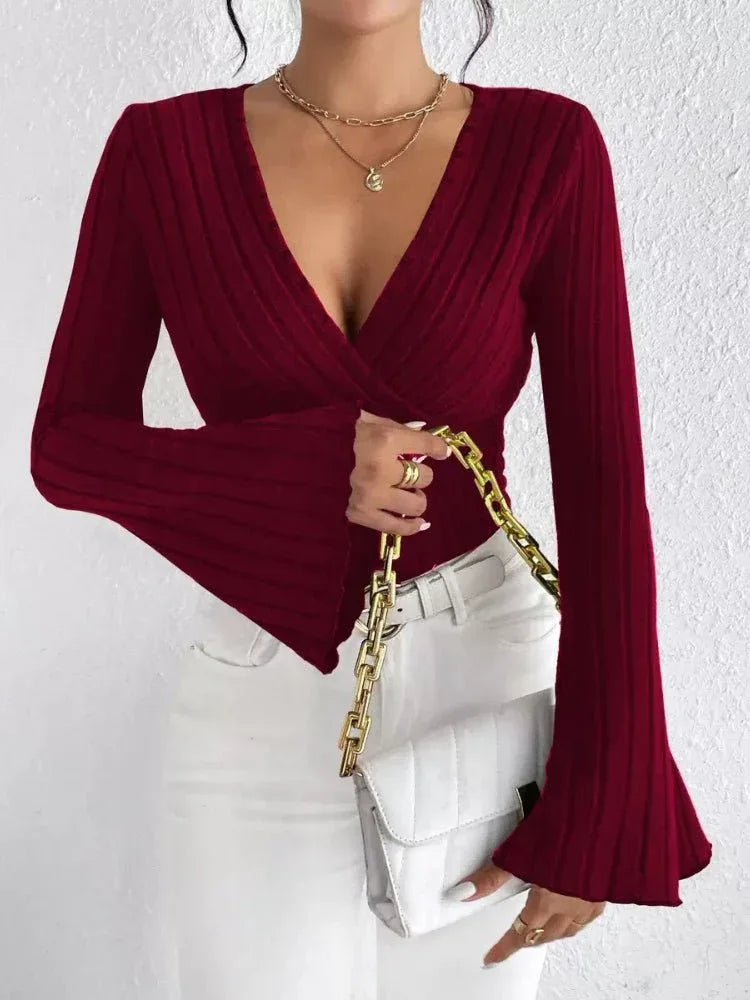Ribbed Knit V-Neck Top - View 10 | WEUXS