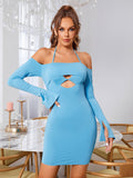 Woman wearing a blue off-the-shoulder bodycon dress with cut-out detail and long bell sleeves.