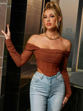 Off Shoulder Ruched Mesh Top - View 30 | WEUXS