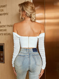 Off Shoulder Ruched Mesh Top - View 8 | WEUXS