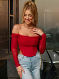         off the shoulder long sleeve mesh red crop top#color_red