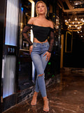 Off Shoulder Ruched Mesh Top - View 24 | WEUXS