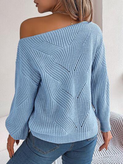 Olive green knit sweater with off-shoulder neckline and lantern sleeves - View 20 | WEUXS