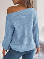 Olive green knit sweater with off-shoulder neckline and lantern sleeves - View 20 | WEUXS