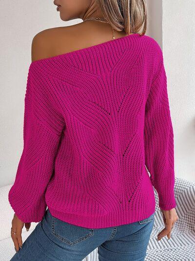 Olive green knit sweater with off-shoulder neckline and lantern sleeves - View 16 | WEUXS