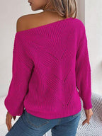 Olive green knit sweater with off-shoulder neckline and lantern sleeves - View 16 | WEUXS