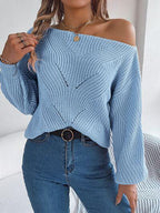 Olive green knit sweater with off-shoulder neckline and lantern sleeves - View 18 | WEUXS