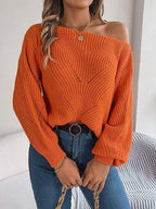 Olive green knit sweater with off-shoulder neckline and lantern sleeves - View 11 | WEUXS