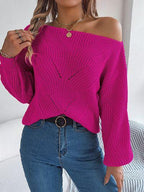 Olive green knit sweater with off-shoulder neckline and lantern sleeves - View 14 | WEUXS