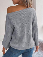 Olive green knit sweater with off-shoulder neckline and lantern sleeves - View 8 | WEUXS