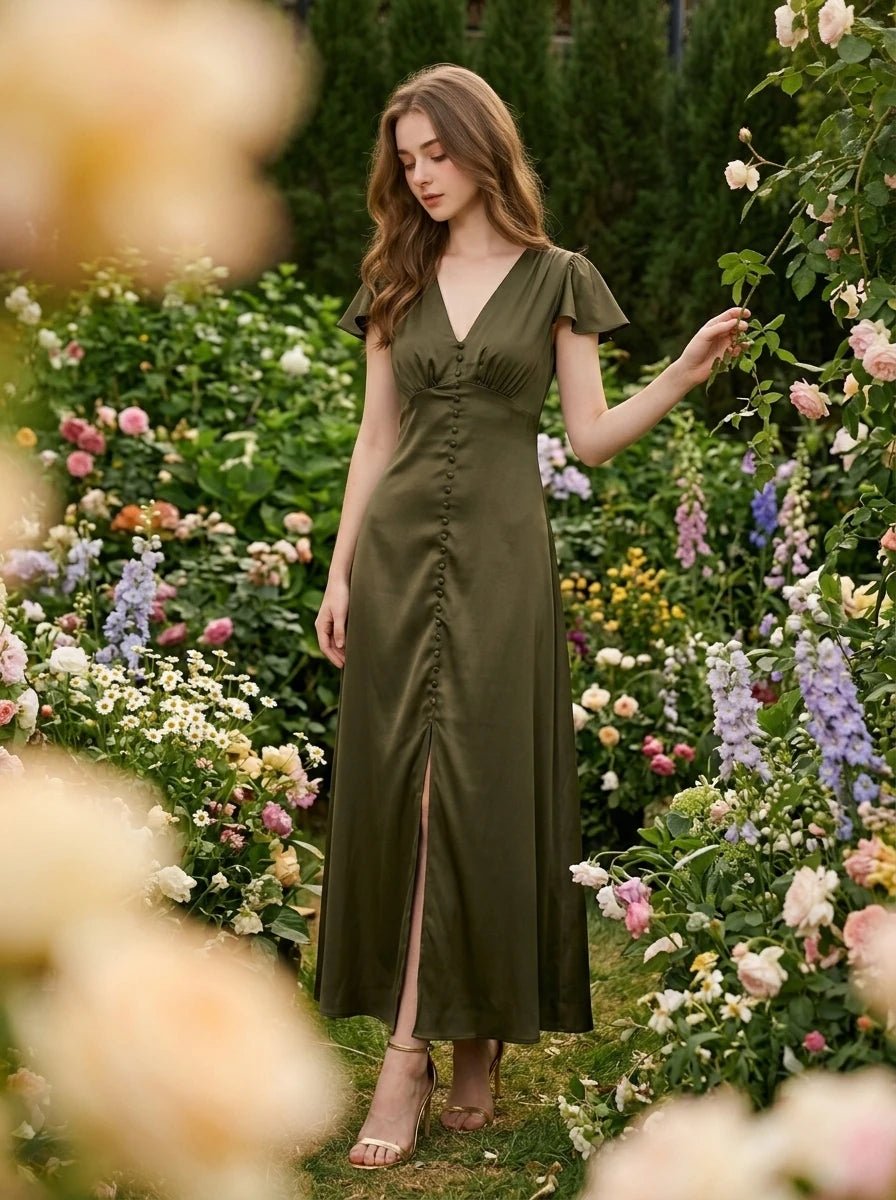 Woman in an olive green satin dress in a floral garden