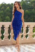 One Shoulder Fringe Trim Sequin Dress - WEUXS