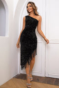 One Shoulder Fringe Trim Sequin Dress - WEUXS