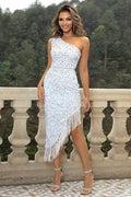 One Shoulder Fringe Trim Sequin Dress - WEUXS