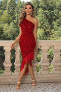 One Shoulder Fringe Trim Sequin Dress - WEUXS