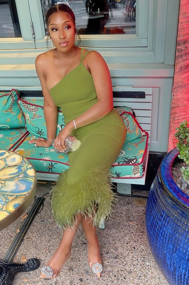 One Shoulder Halter Fur Swing Dress - WEUXS