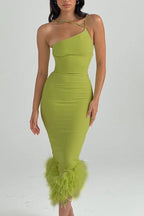 One shoulder feather trim midi dress - View 6 | WEUXS