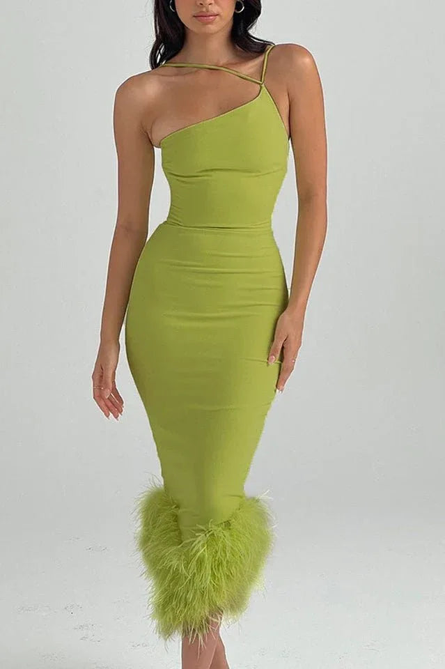 One shoulder feather trim midi dress - View 6 | WEUXS