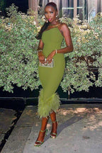 One shoulder feather trim midi dress - View 10 | WEUXS