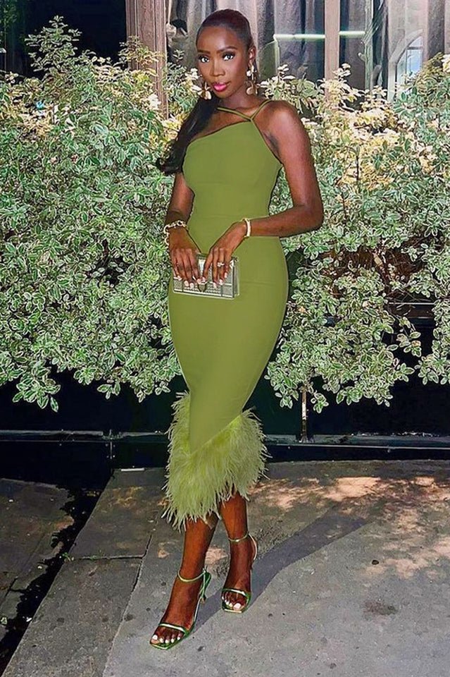 One Shoulder Halter Fur Swing Dress - WEUXS