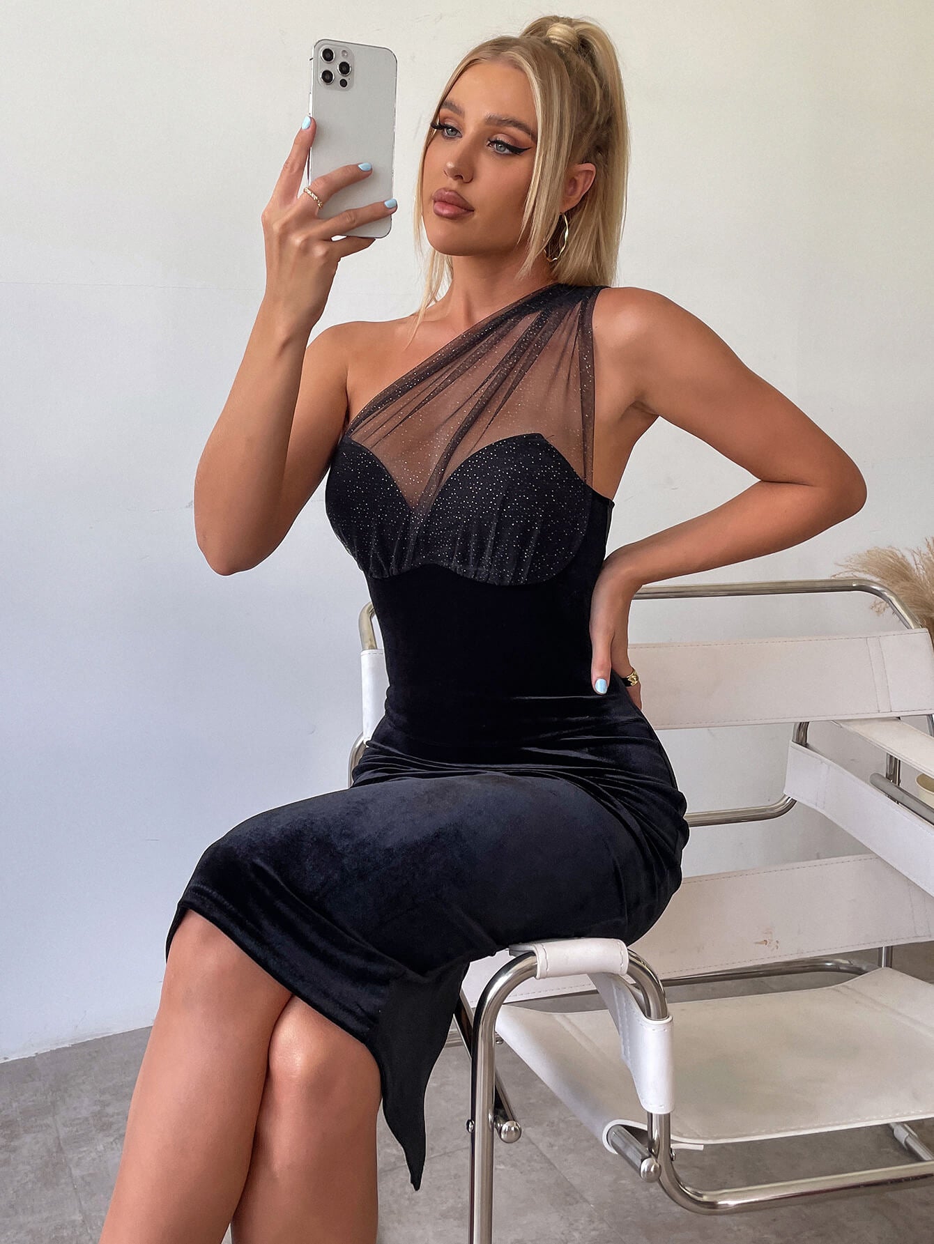 One Shoulder Velvet Dress - View 9 | WEUXS
