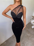 one shoulder midi lace velvet pencil dress black#color_black