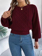 Cable knit crew neck sweater with lantern sleeves - View 15 | WEUXS