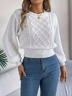 Cable knit crew neck sweater with lantern sleeves - View 24 | WEUXS