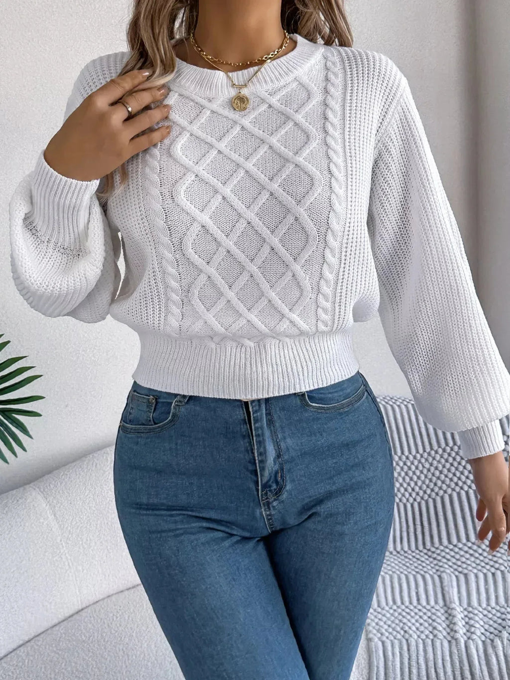 Orange Cable Knit Cinched Waist Sweater - WEUXS