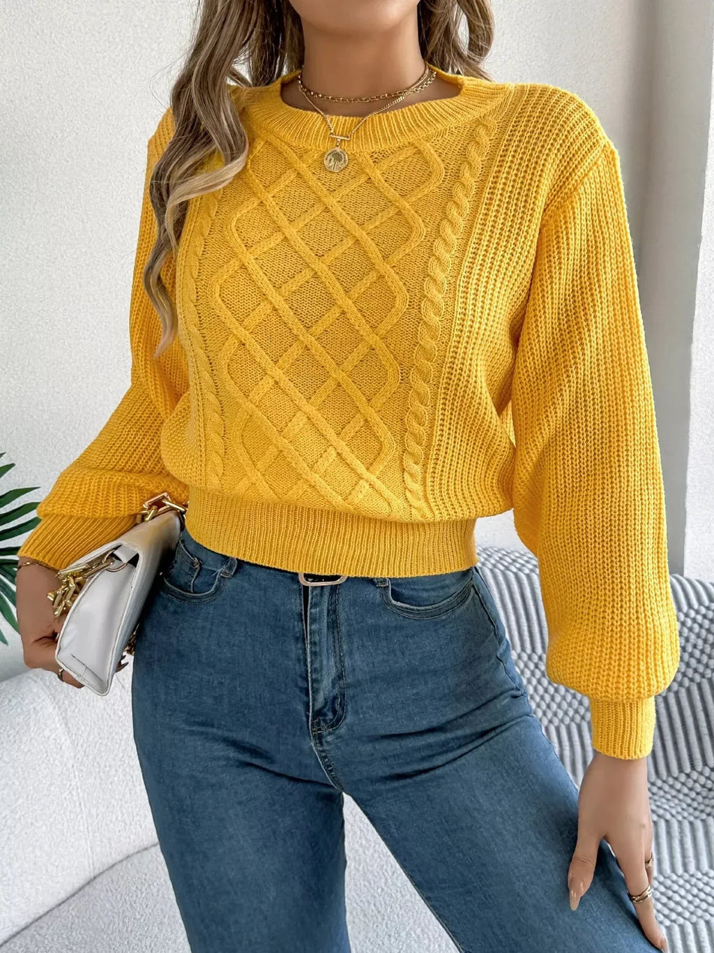 Cable knit crew neck sweater with lantern sleeves - View 7 | WEUXS