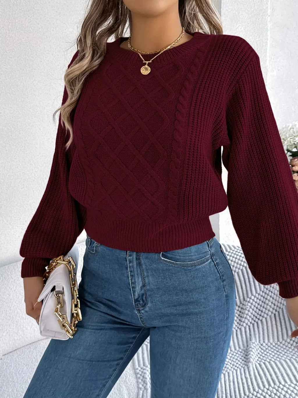 Cable knit crew neck sweater with lantern sleeves - View 13 | WEUXS