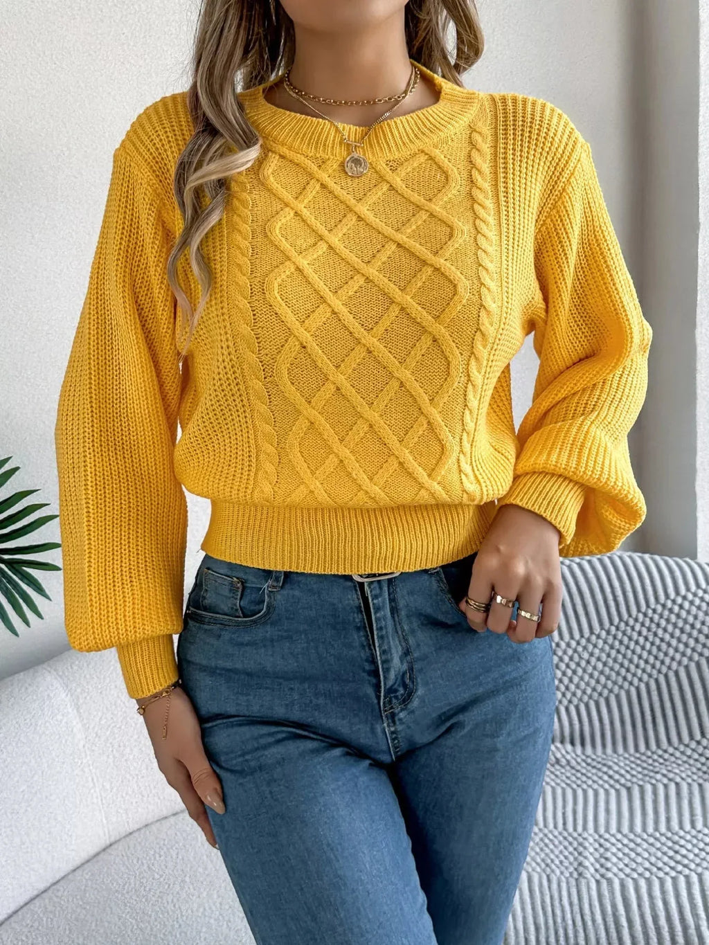 Cable knit crew neck sweater with lantern sleeves - View 6 | WEUXS
