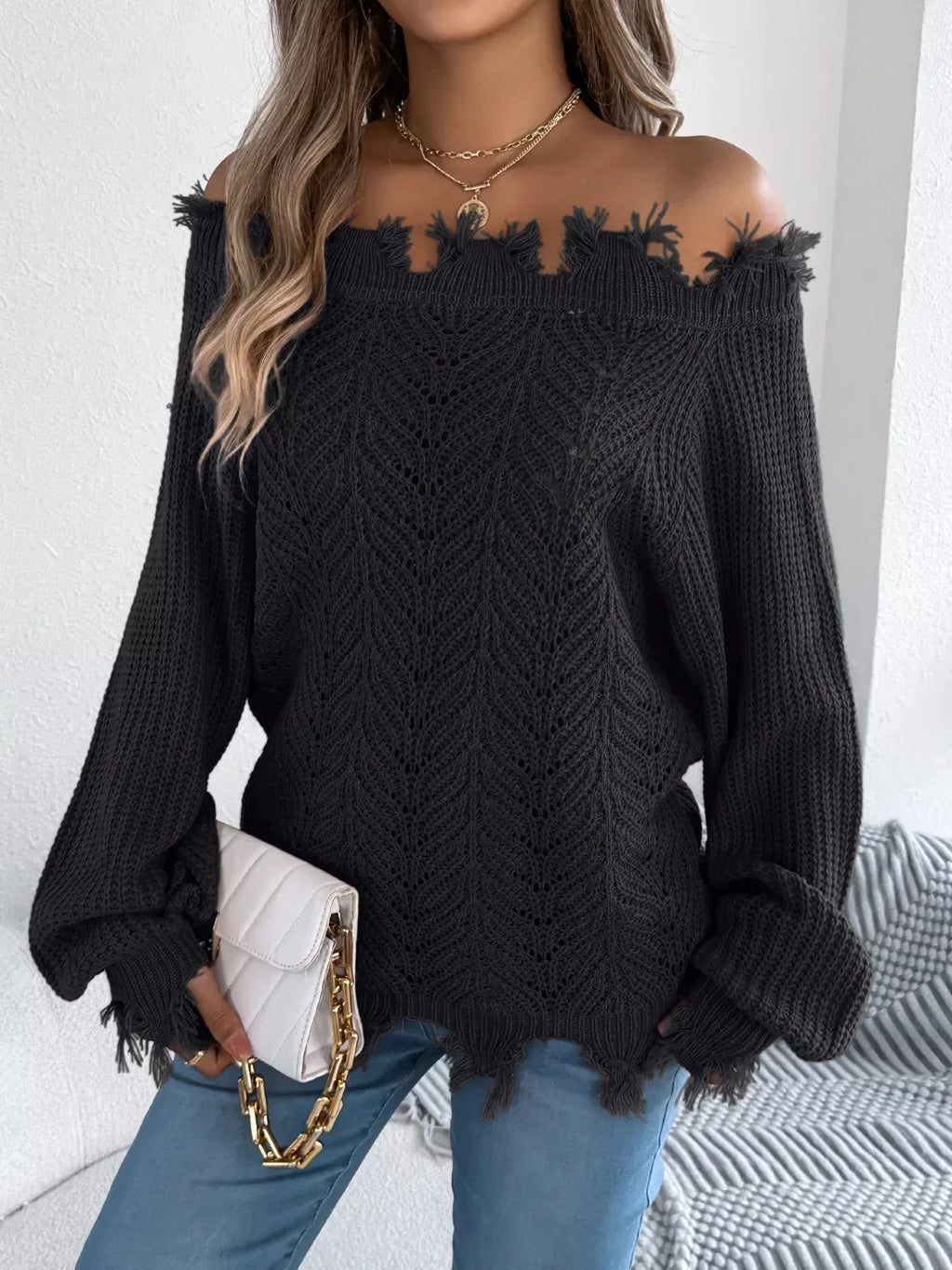 Off-Shoulder Distressed Knit Sweater - View 7 | WEUXS