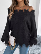 Off-Shoulder Distressed Knit Sweater - View 7 | WEUXS