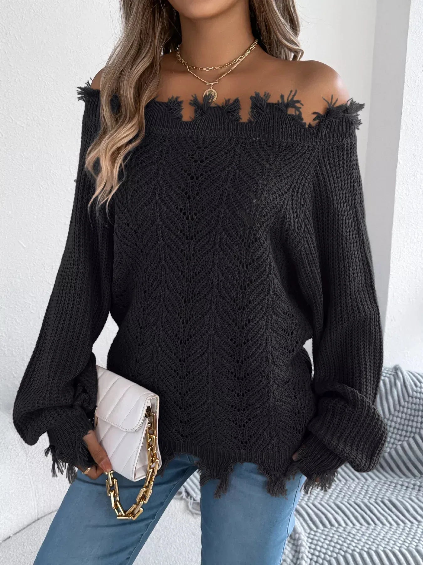 Off-Shoulder Distressed Knit Sweater - View 7 | WEUXS