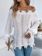 Orange Distressed Off-Shoulder Knit Sweater - WEUXS