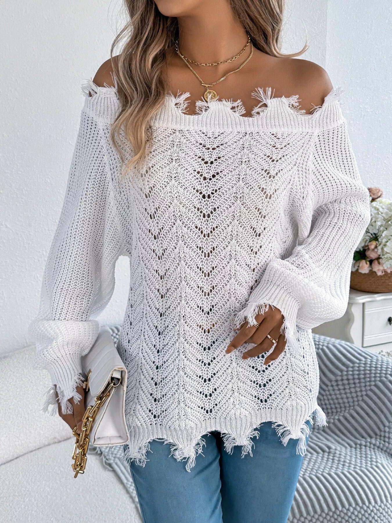 Orange Distressed Off-Shoulder Knit Sweater - WEUXS