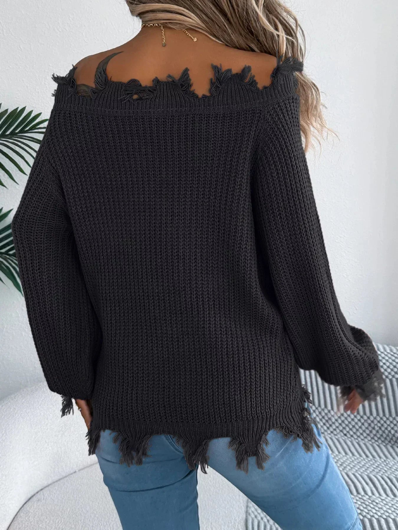 Off-Shoulder Distressed Knit Sweater - View 12 | WEUXS
