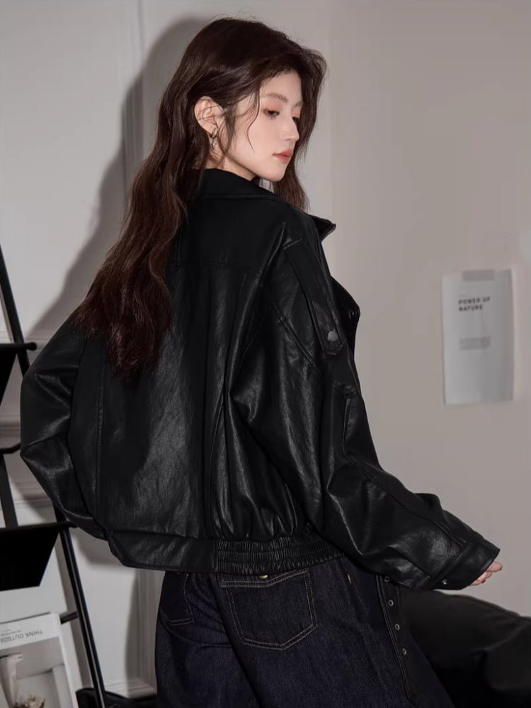 Oversized Faux Leather Moto Jacket Black - WEUXS