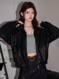 Oversized Faux Leather Moto Jacket Black - WEUXS