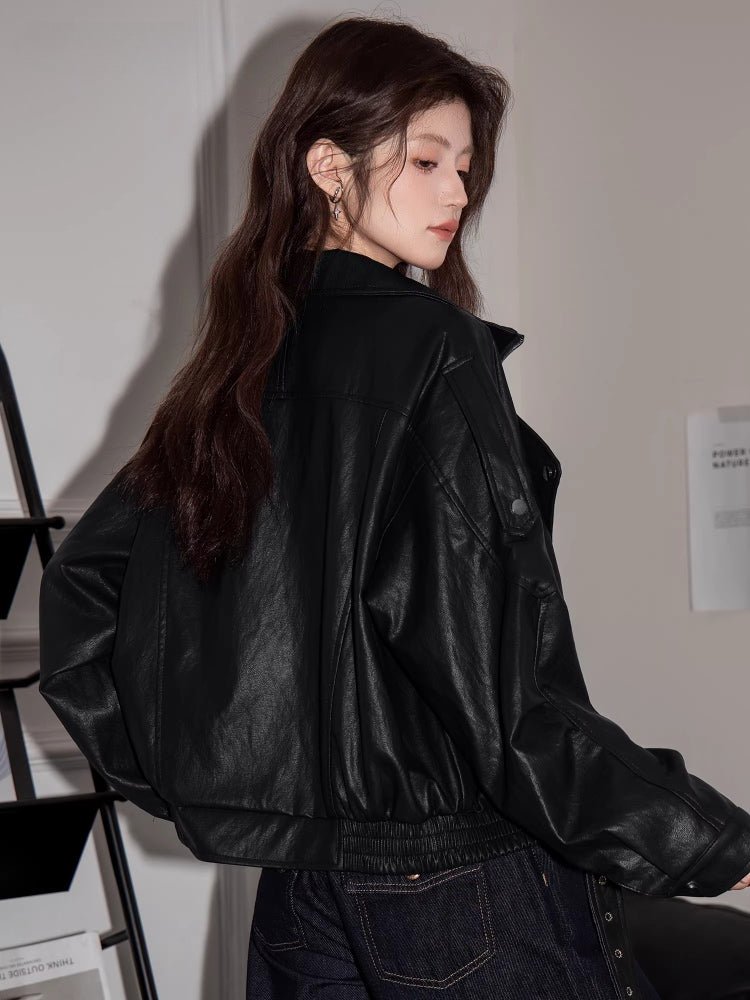Oversized Faux Leather Moto Jacket Black - WEUXS
