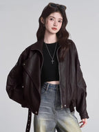 Oversized Faux Leather Moto Jacket - View 7 | WEUXS