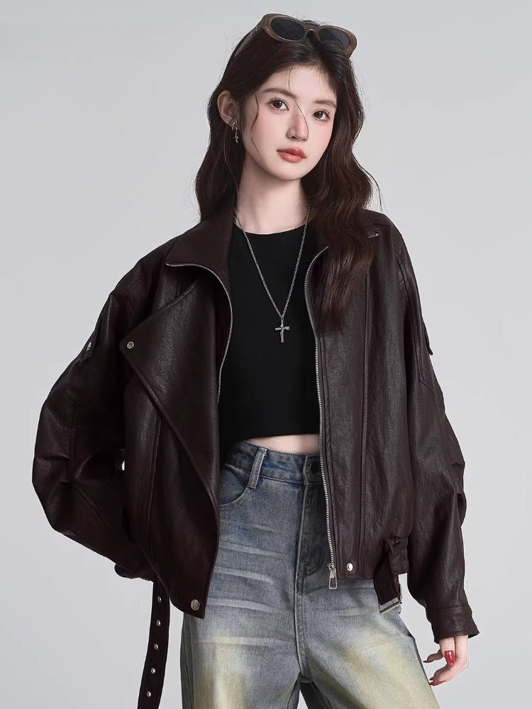 Oversized Faux Leather Moto Jacket Black - WEUXS