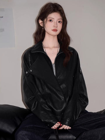 Oversized Faux Leather Moto Jacket Black - WEUXS