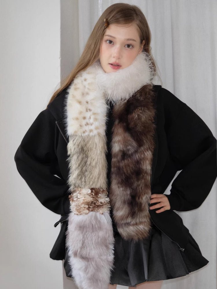 Patchwork Faux Fur Scarf Leopard Print Extra Long 96 Inch Y2K - WEUXS